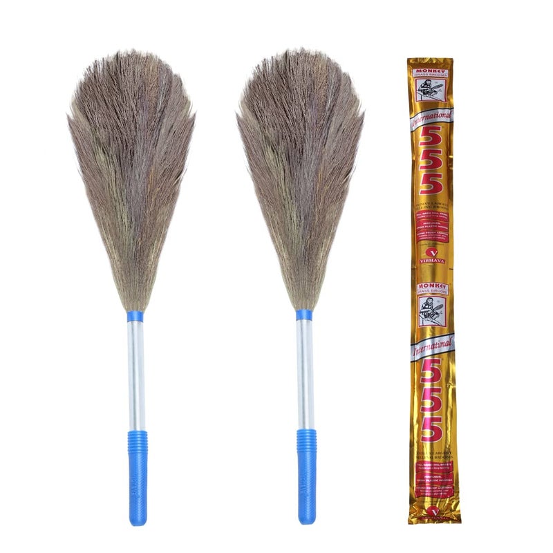 Monkey 555 International Steel Gold Handle Grass Broom Pack of 2 Tall Garo Hill Grass Broomstick RustProof Sleek Steel Handle Faster Better Grip Sweeping Suitable for Sweeping Large Areas