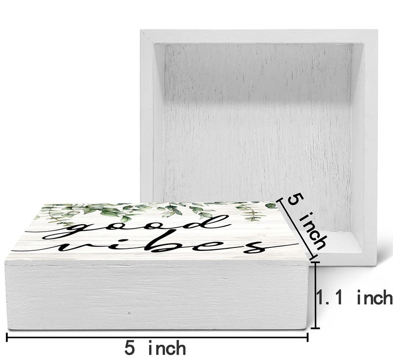 SRADMO Botanical Eucalyptus Leaves Wood Box Sign Desk Decor, Rustic Eucalyptus Leaves Wooden Block Box Sign Decoration For Home Office Shelf Table Decor - Image 2