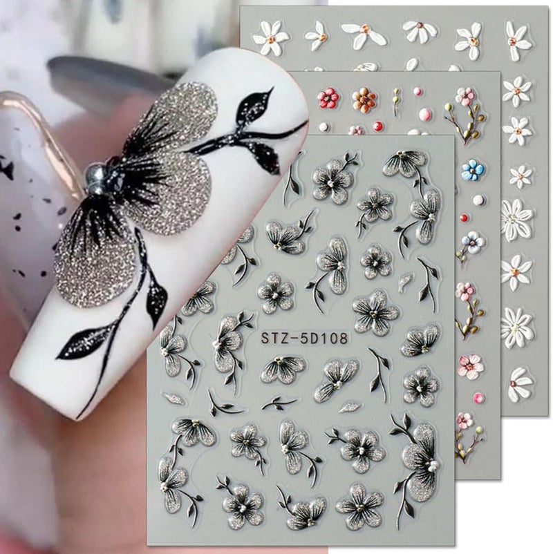5Sheet 5D Embossed Relief Nail Design Kit - Flower Nail Stickers, White Daisy Nail Art Stickers, Spring/Summer Colorful Floral Nail Decals - Black Jelly Blossom Petals