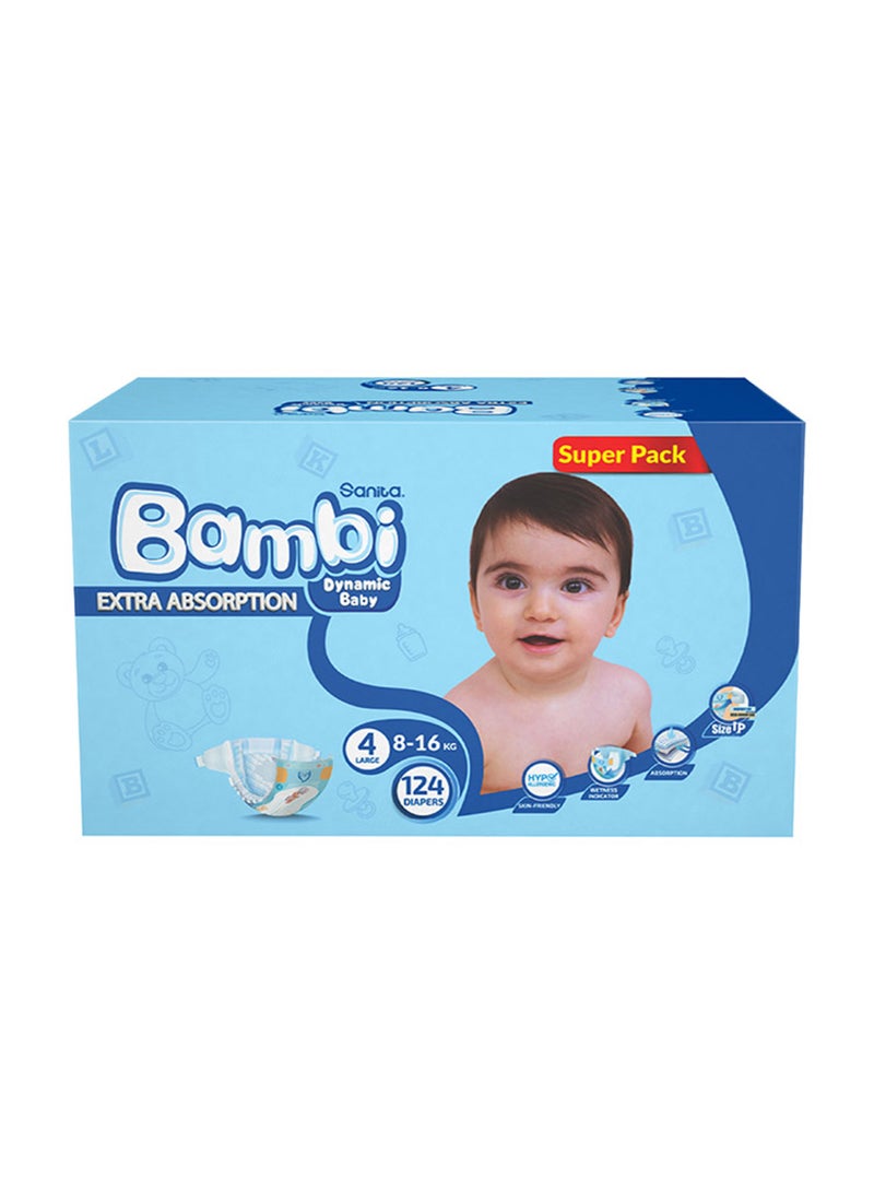 Sanita Bambi Baby Diapers Super Pack Size 4, Large, 8-16 KG, 124 Count - Image 1