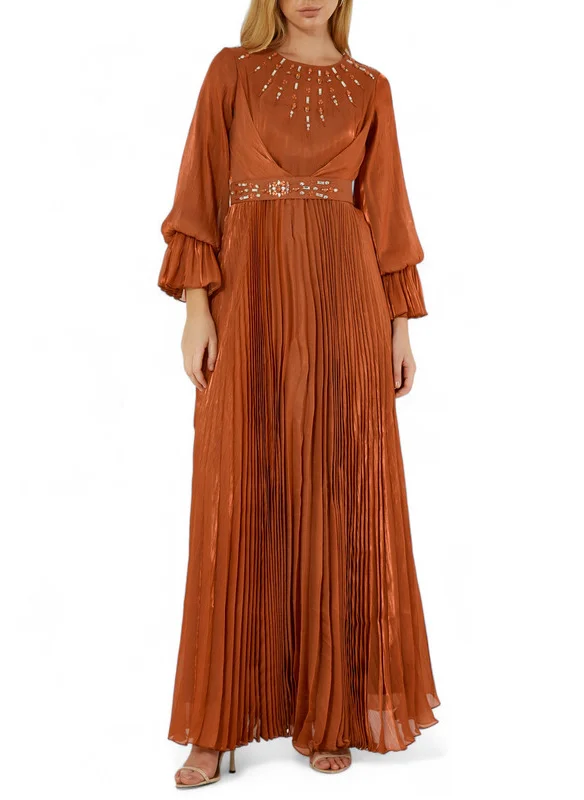 Amri Beautiful Embroidered Pleated Long Dress with Round Neckline With Bishop Sleeves