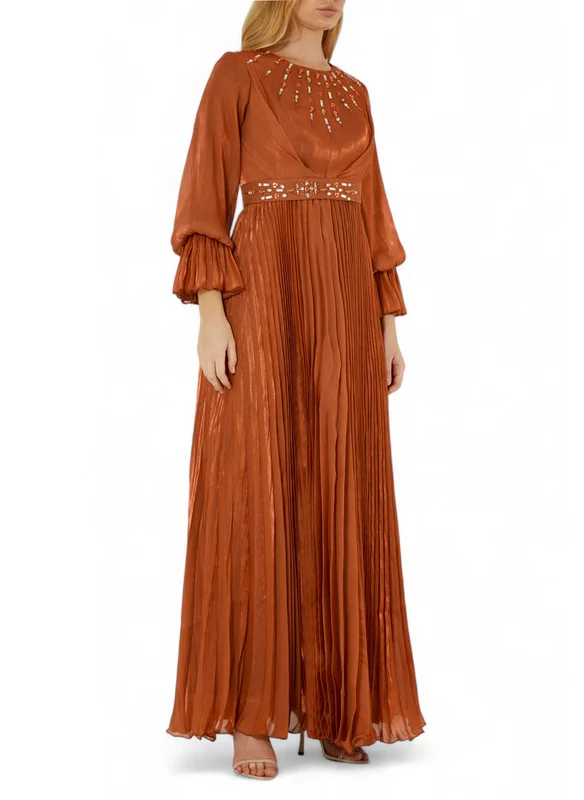 Amri Beautiful Embroidered Pleated Long Dress with Round Neckline With Bishop Sleeves