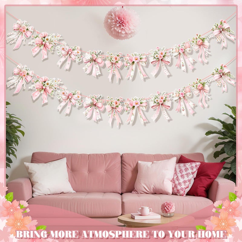 Maysing 2 Pack Pink Bow Spring Flowers Banner Spring Party Decorations Pink Bow Garland Banner for Coquette Birthday Baby Shower Decor, Bridal Shower Wedding, Bows Party De - Image 3