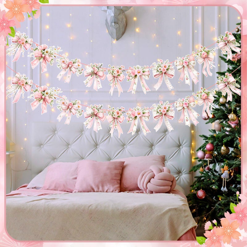 Maysing 2 Pack Pink Bow Spring Flowers Banner Spring Party Decorations Pink Bow Garland Banner for Coquette Birthday Baby Shower Decor, Bridal Shower Wedding, Bows Party De - Image 5