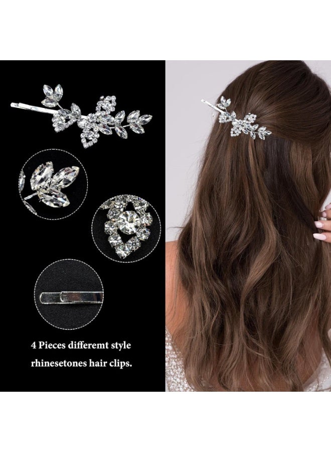 4 Pcs Rhinestone Hair Clips, Silver Leaf Wedding Hair Pins, Crystal Bobby Pins and Bridal Hair Barrettes for Brides, Bridesmaids, and Flower Girls - Image 3
