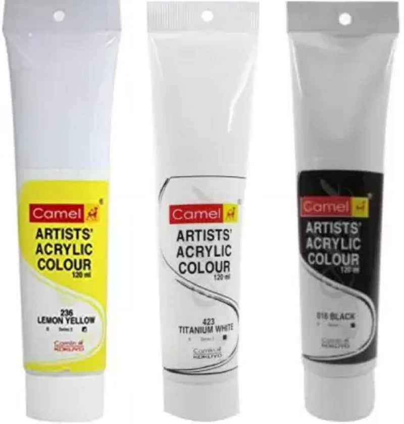 Camlin Artist Acrylic Colour Tubes 120ml (Pack of 3) (Set of 3, Titanium White, Black, Lemon Yellow)