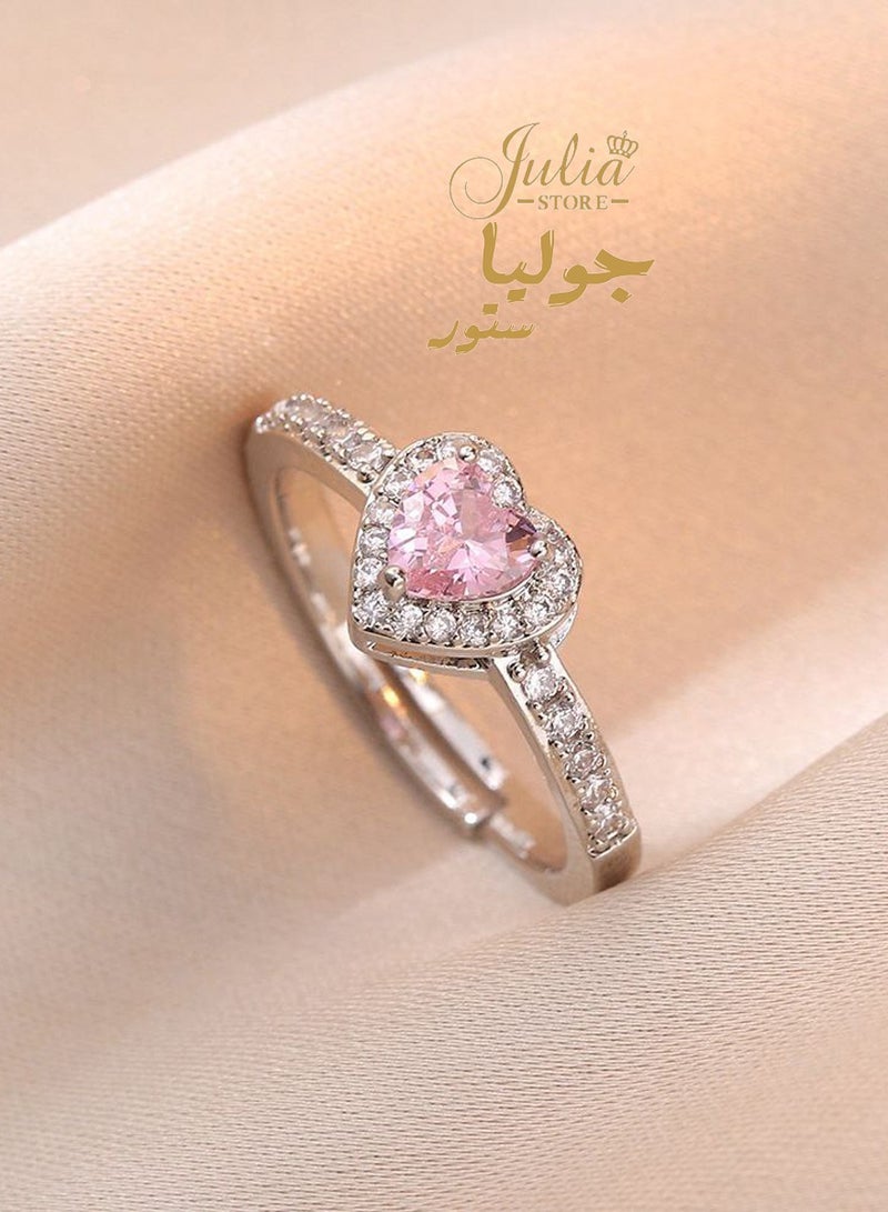 Julia Store 18K White Gold Plated Stainless Steel Halo Heart Engagement Rings for Women, Free Sire 2CT Pink Cubic Zirconia Heart Wedding Ring Anniversary Valentine's Day Gifts  - Image 1
