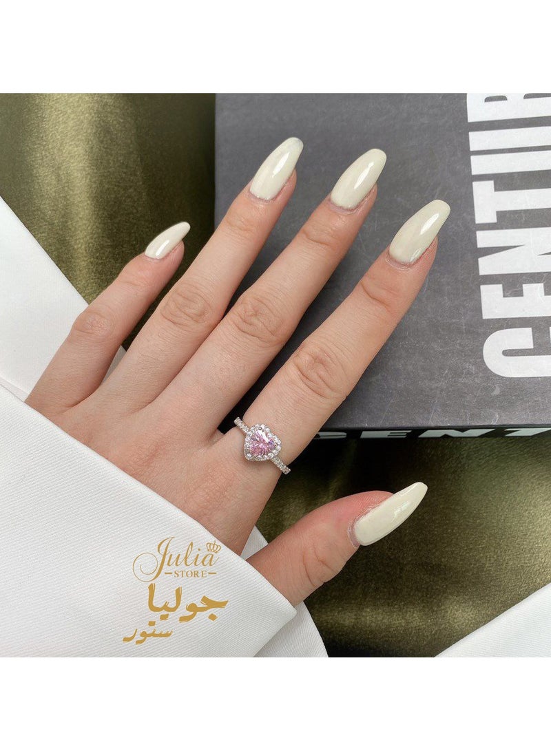 Julia Store 18K White Gold Plated Stainless Steel Halo Heart Engagement Rings for Women, Free Sire 2CT Pink Cubic Zirconia Heart Wedding Ring Anniversary Valentine's Day Gifts  - Image 4