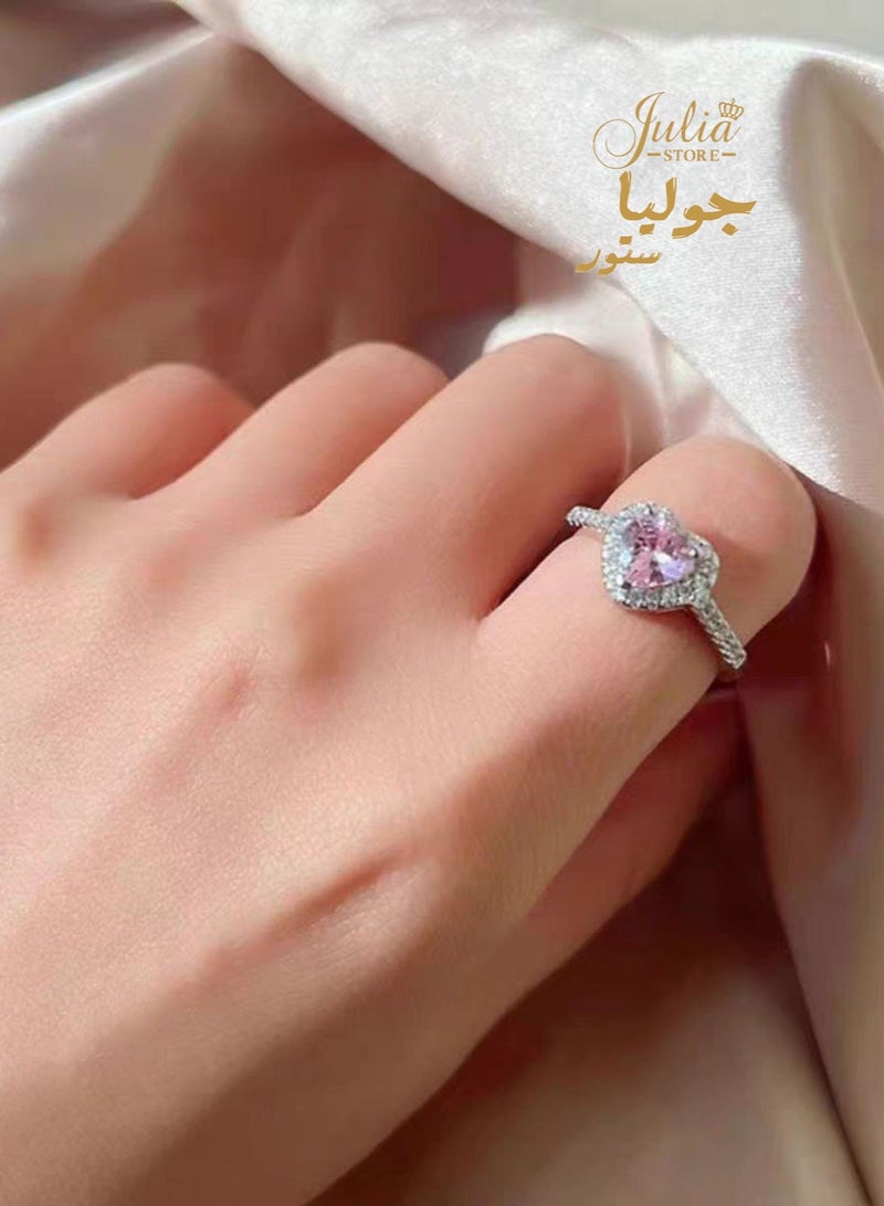 Julia Store 18K White Gold Plated Stainless Steel Halo Heart Engagement Rings for Women, Free Sire 2CT Pink Cubic Zirconia Heart Wedding Ring Anniversary Valentine's Day Gifts  - Image 5