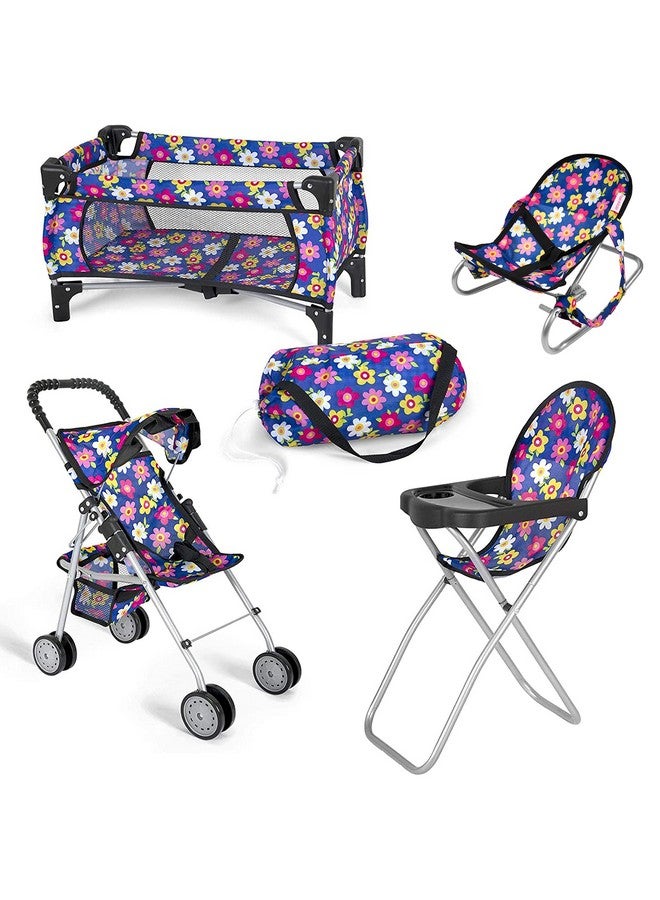 fash n kolor 4 Piece Baby Doll Play Set Flower Design Includes - Foldable Pack N Play, Baby Doll Stroller, Baby Doll High Chair, Infant Seat, Fits Up to 18'' Doll 4 Piece Doll Accessories Set - Image 1