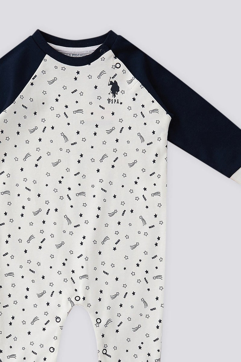 U.S. Polo Assn. Patterned Snap Collar Detail Cream Baby Jumpsuit - Image 3