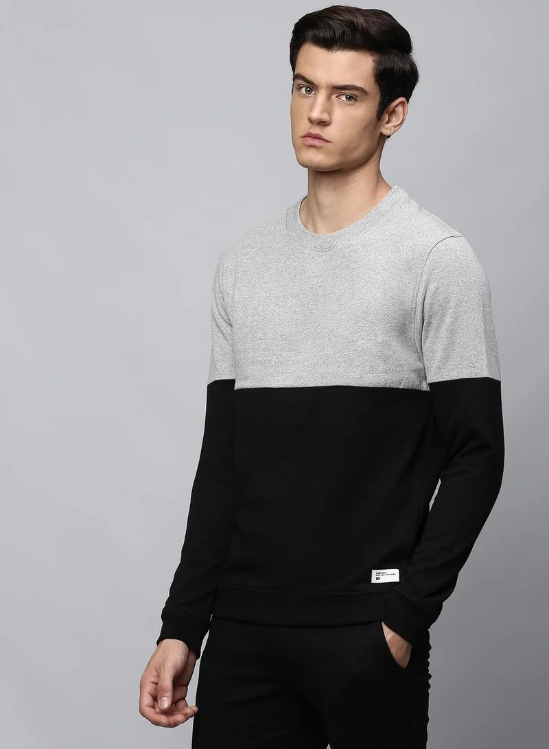 Men'S Grey Melange Polyester Blend Colourblocked Regular Fit Sweatshirt