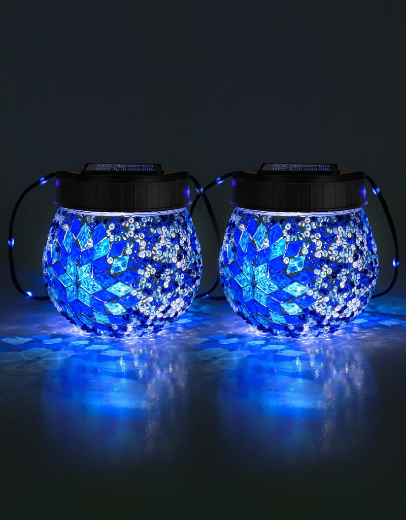 PARTPHONER Mosaic Solar Lights Outdoor 2 Pack, Solar Hanging Lanterns Christmas Halloween Gifts for Women Mom Grandma, Waterproof Glass Globe Lights, Garden Patio Decor for Yard, Tree, Balcony, Cold - Image 1