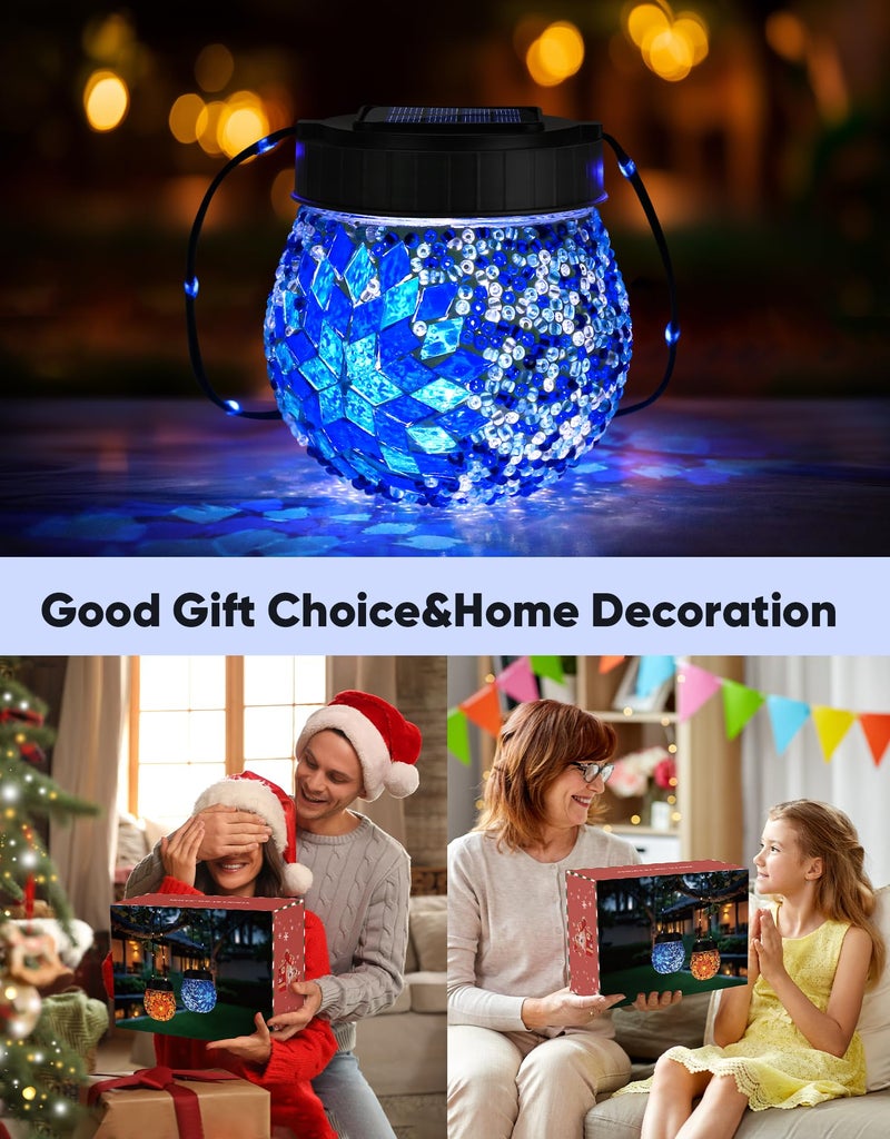 PARTPHONER Mosaic Solar Lights Outdoor 2 Pack, Solar Hanging Lanterns Christmas Halloween Gifts for Women Mom Grandma, Waterproof Glass Globe Lights, Garden Patio Decor for Yard, Tree, Balcony, Cold - Image 2