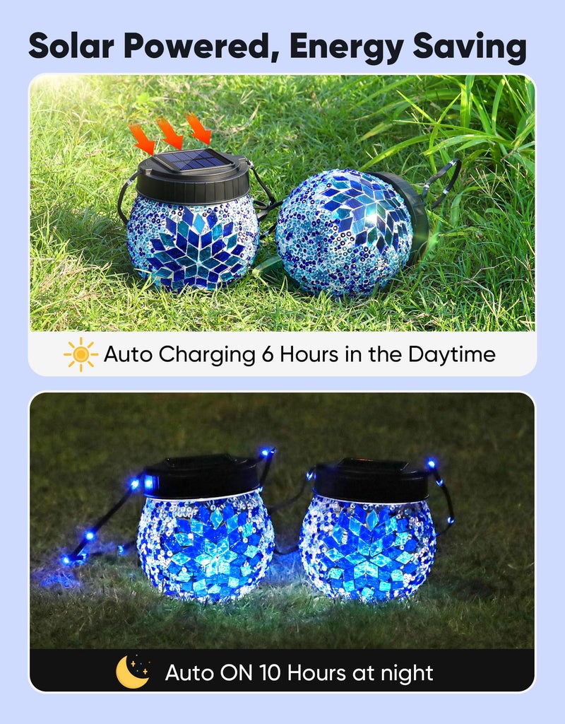 PARTPHONER Mosaic Solar Lights Outdoor 2 Pack, Solar Hanging Lanterns Christmas Halloween Gifts for Women Mom Grandma, Waterproof Glass Globe Lights, Garden Patio Decor for Yard, Tree, Balcony, Cold - Image 5