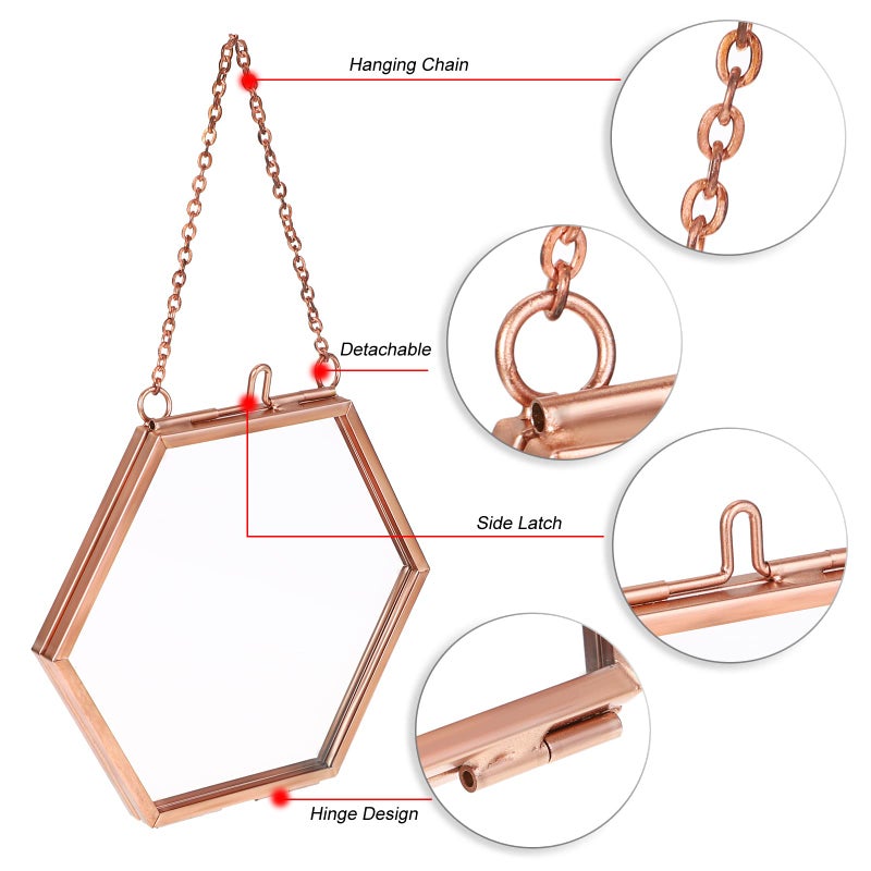 JUXYES Set of 4 Hexagon Mini Brass Wall Hanging Photo Frame  Golden Glass Hanging Picture Artwork Display Frame  Double Glass Floating Frame Style Gallery Wall Frame for Picture  Poster  etc - Image 3