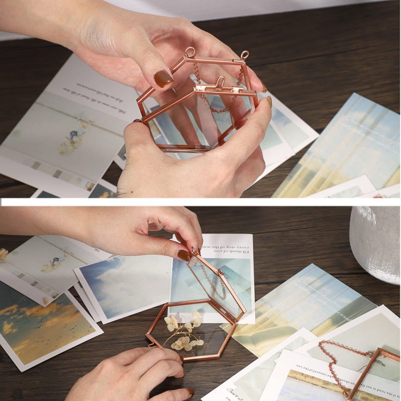 JUXYES Set of 4 Hexagon Mini Brass Wall Hanging Photo Frame  Golden Glass Hanging Picture Artwork Display Frame  Double Glass Floating Frame Style Gallery Wall Frame for Picture  Poster  etc - Image 4