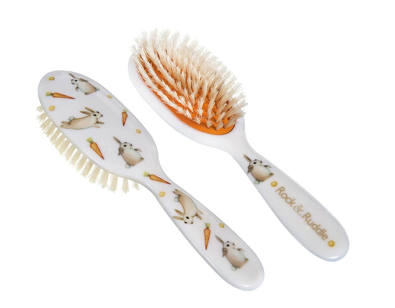 Rock & Ruddle Soft White Natural Boar Bristle Hairbrush for Babies and Young Children. Perfect for Fine Hair Detangling and Smoothing. Little Rabbits Design, Small - Image 1
