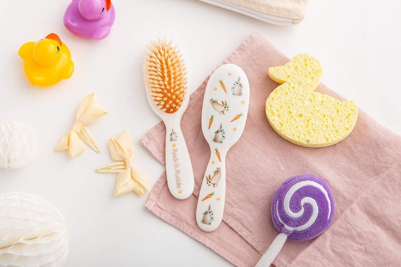 Rock & Ruddle Soft White Natural Boar Bristle Hairbrush for Babies and Young Children. Perfect for Fine Hair Detangling and Smoothing. Little Rabbits Design, Small - Image 3
