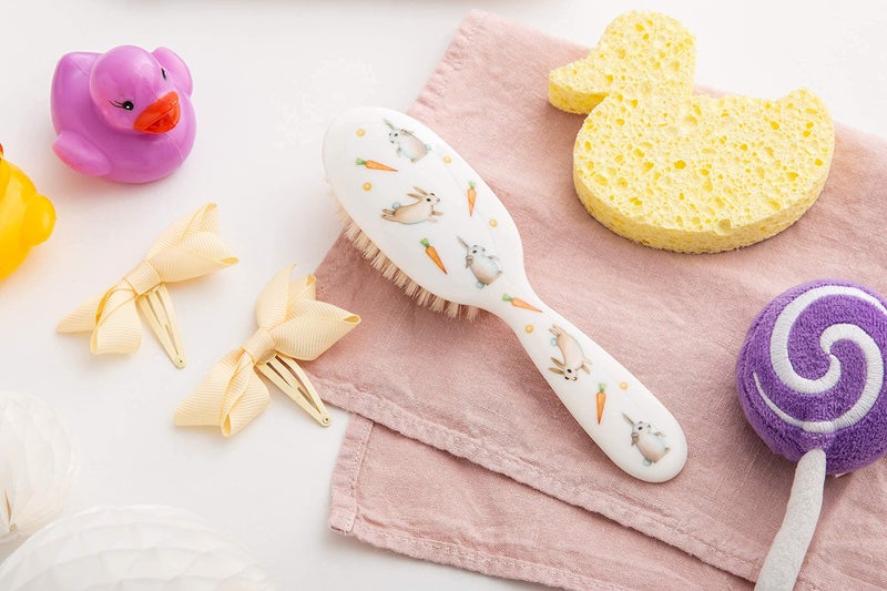Rock & Ruddle Soft White Natural Boar Bristle Hairbrush for Babies and Young Children. Perfect for Fine Hair Detangling and Smoothing. Little Rabbits Design, Small - Image 2