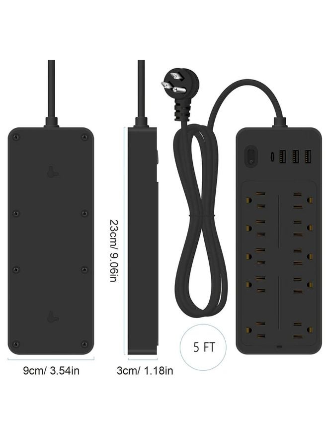 Black Power Strip 10 Outlets 4 USB Ports 1 USB C Charging Port 5ft Extension Cord - Image 3