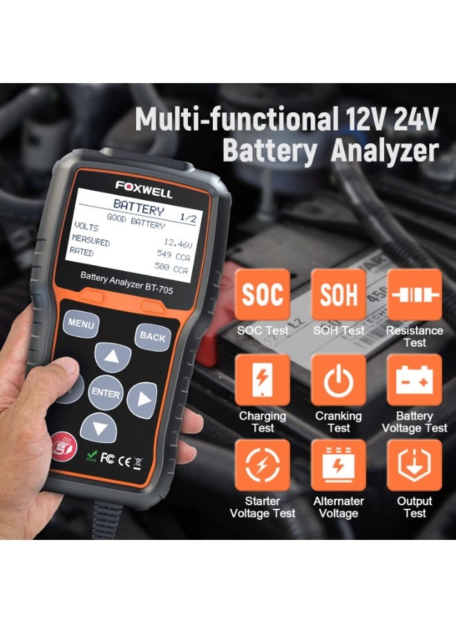 FOXWELL BT705 Car Battery Analyzer 12V 24V, Automotive 100-2000CCA Battery Load Tester Battery Analyzer Digital Charging System Alternator Analyzer Cold Cranking for Heavy Duty Truck Boat, etc - Image 2