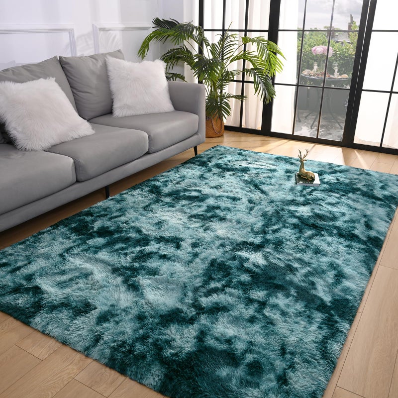 Pettop Fluffy Tie-Dye Peacock Blue Rug for Bedroom Living Room  3x5 Feet Rectangle Rug Plush Fuzzy Carpet for Girls Kids Boys  Non-Slip and Washable Rug for Nursery Classroom  Home Decor Rug - Image 4