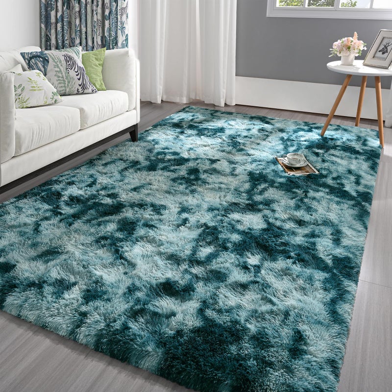 Pettop Fluffy Tie-Dye Peacock Blue Rug for Bedroom Living Room  3x5 Feet Rectangle Rug Plush Fuzzy Carpet for Girls Kids Boys  Non-Slip and Washable Rug for Nursery Classroom  Home Decor Rug - Image 1