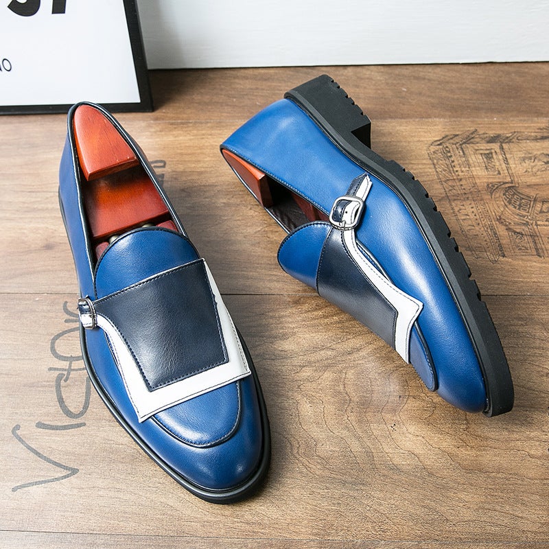 Leather Splicing Casual Shoes Fashion Color Matching Slip-On Men'S Shoes Large Size Trendy Round Toe Shoes - Image 4