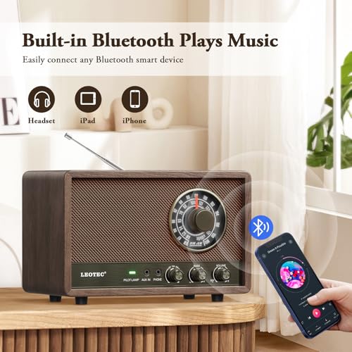 LEOTEC AM FM RadioRetro Wood Table RadioPortable Bluetooth Speaker Plug in WallBest Reception with AUXHeadphone JackBass ControlGreat for HomeOutdoorBrown - Image 3