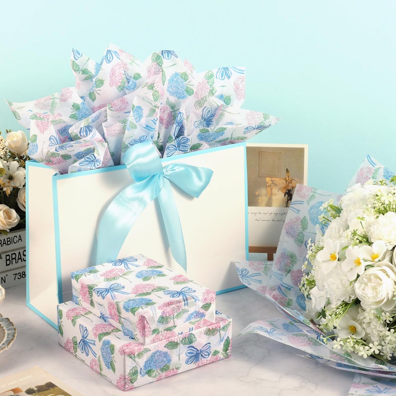 Fabllewavi 100 Sheets Watercolor Hydrangea Tissue Paper, Pastel Floral Bow Patterns Wrapping Paper for Birthday DIY Crafts Wedding Baby Shower Party Supplies, 13.8 x 19.7 Inch (Hydrangea) - Image 5