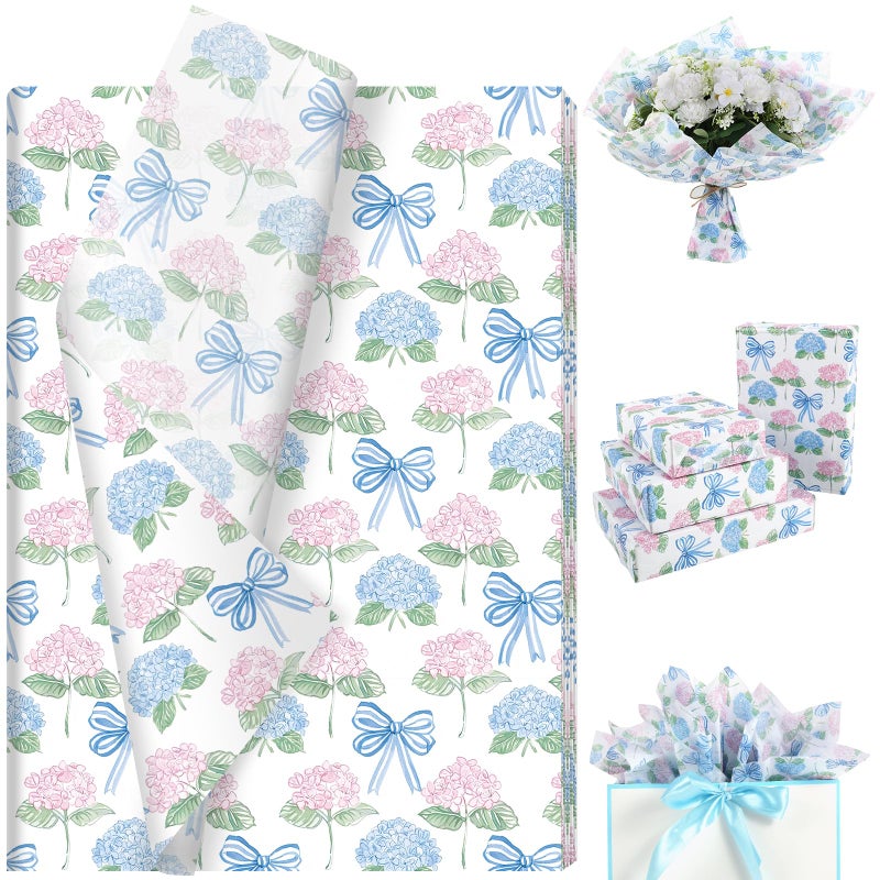 Fabllewavi 100 Sheets Watercolor Hydrangea Tissue Paper, Pastel Floral Bow Patterns Wrapping Paper for Birthday DIY Crafts Wedding Baby Shower Party Supplies, 13.8 x 19.7 Inch (Hydrangea) - Image 1