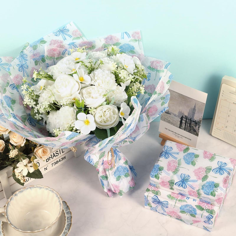 Fabllewavi 100 Sheets Watercolor Hydrangea Tissue Paper, Pastel Floral Bow Patterns Wrapping Paper for Birthday DIY Crafts Wedding Baby Shower Party Supplies, 13.8 x 19.7 Inch (Hydrangea) - Image 3