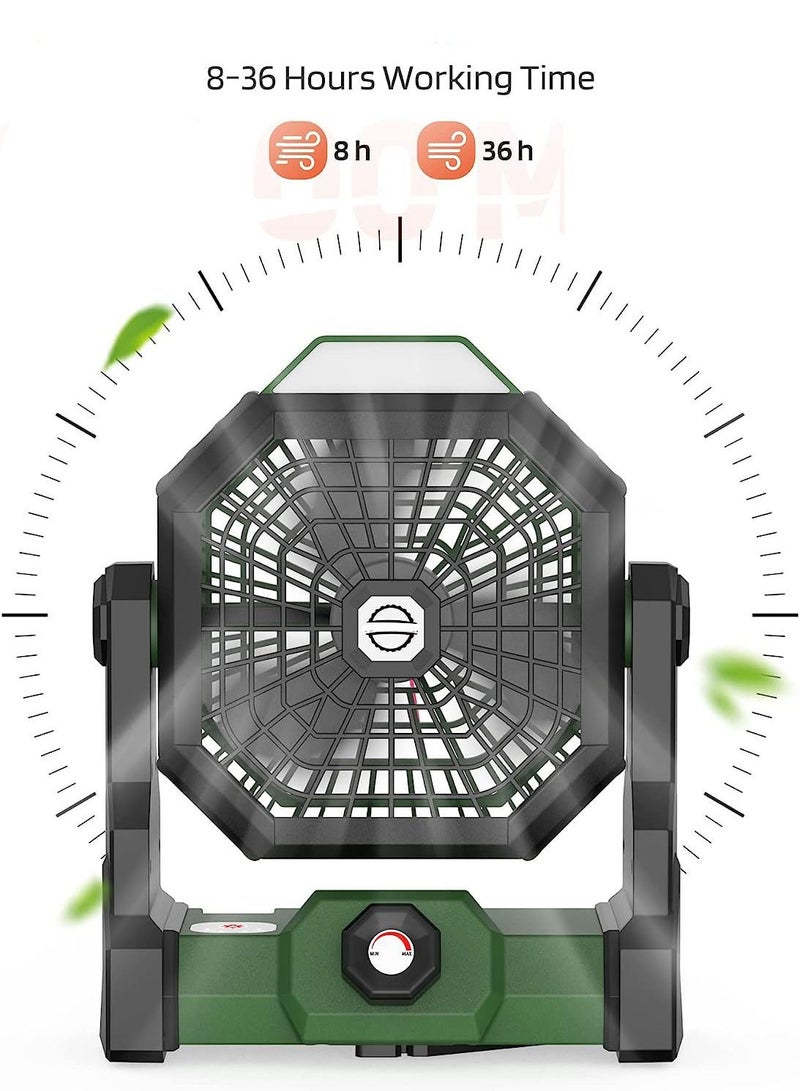 3 Speeds Camping Table Fan Rechargeable Tent Fan with Hanging Hook,with LED Light Operated for Picnic, Barbecue, Fishing, Travel Home and office (Green) - Image 2