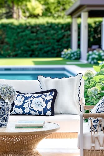 Hofdeco Premium Coastal Patio Indoor Outdoor Scalloped Throw Pillow Cover Only 20x20 Water Repellent for Backyard Couch Baby Blue Print Stripes - Image 3