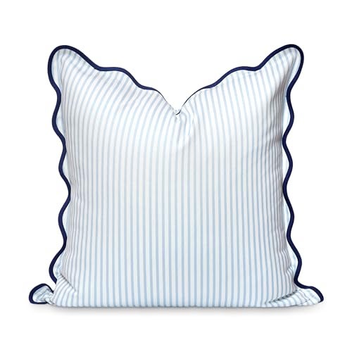 Hofdeco Premium Coastal Patio Indoor Outdoor Scalloped Throw Pillow Cover Only 20x20 Water Repellent for Backyard Couch Baby Blue Print Stripes - Image 1