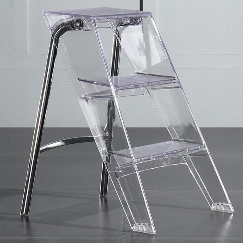 SHYM SHYM Transparent Acrylic 3Step Ladder Step Stool 150kg Capacity Folding Electroplated Silver Iron Frame L44xW52xH63cm 