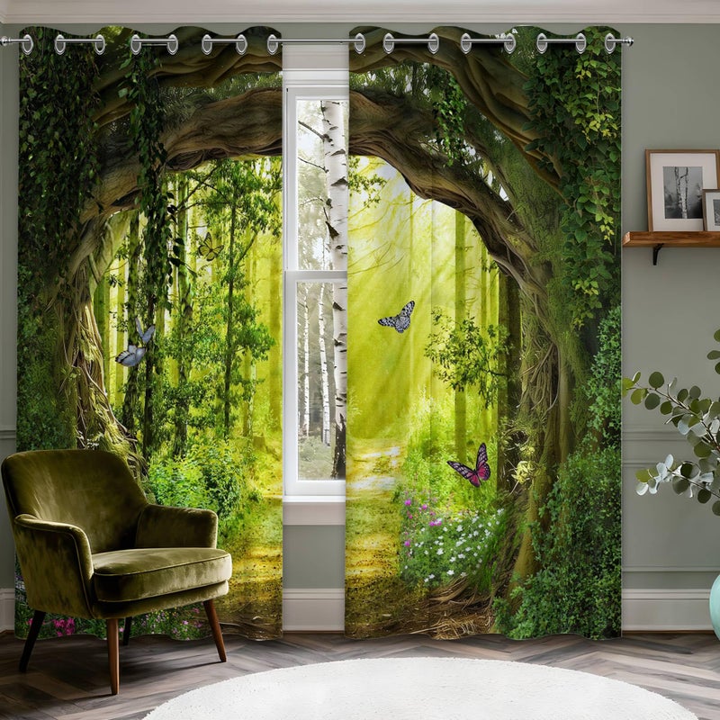 dueeia Enchanted Forest Blackout Curtains Patterned Tree Scenic Nature Green Spring Woodland Grommet Window Drapes for Bedroom Living Room Black Out 84 Inch Length 2 Panels Set, 84 X 52 Inch - Image 1
