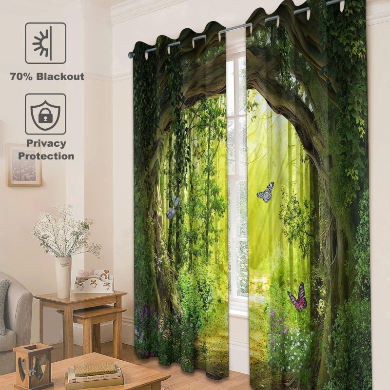 dueeia Enchanted Forest Blackout Curtains Patterned Tree Scenic Nature Green Spring Woodland Grommet Window Drapes for Bedroom Living Room Black Out 84 Inch Length 2 Panels Set, 84 X 52 Inch - Image 5