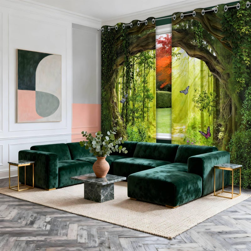 dueeia Enchanted Forest Blackout Curtains Patterned Tree Scenic Nature Green Spring Woodland Grommet Window Drapes for Bedroom Living Room Black Out 84 Inch Length 2 Panels Set, 84 X 52 Inch - Image 2