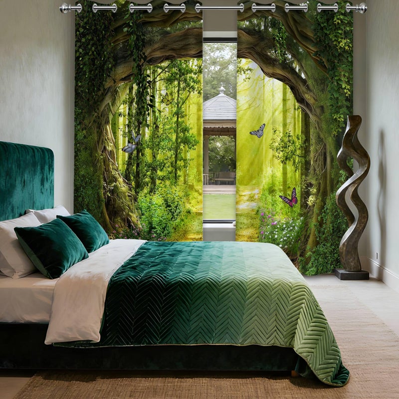 dueeia Enchanted Forest Blackout Curtains Patterned Tree Scenic Nature Green Spring Woodland Grommet Window Drapes for Bedroom Living Room Black Out 84 Inch Length 2 Panels Set, 84 X 52 Inch - Image 3