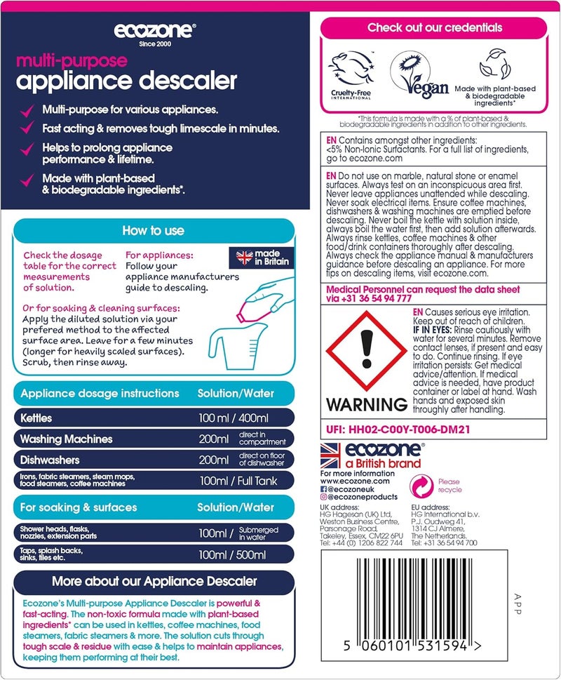 ecozone Multi-Purpose Appliance Descaler, Internal Cleaner for Kettles, Irons, Washing Machines, Coffee Makers, Dishwashers, Fixtures & Surfaces, Natural Vegan & Non Toxic Eco-Friendly Liquid (500ml) - Image 1