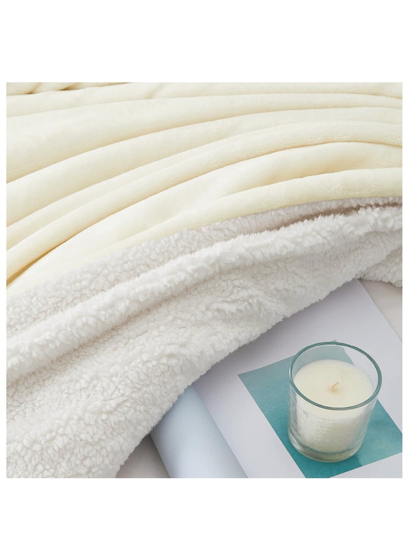 Fabienne - Soft Sheep Reversible King Size Sherpa Blanket for Bed Throw Sofa Travel Flannel Blanket Off White 220x240cm - Image 1