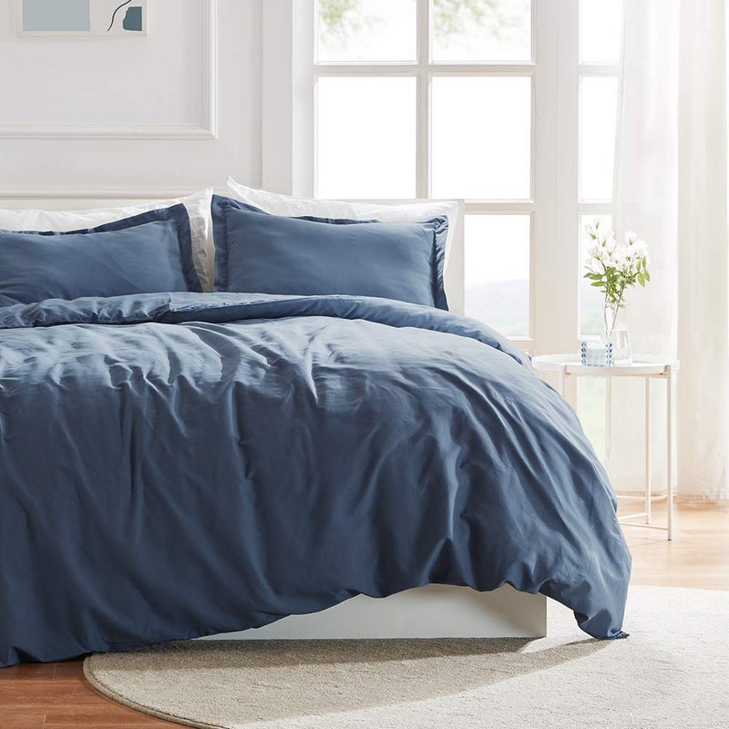 SLEEP ZONE Queen Size Duvet Cover with Zipper Closure & 8 Corner Ties - Super Soft & Breathable All Season Comforter Cover Set 3 Pieces (Navy Blue  Queen)