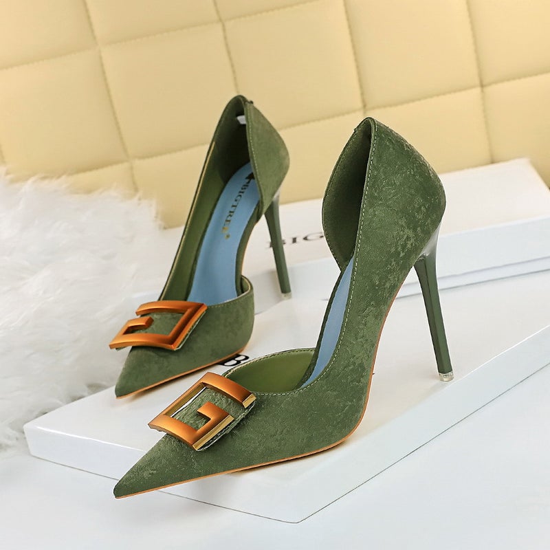 6168-2 Nightclubs Skinny Thin Heel High Heel Shallow Mouth Pointed Side Hollow Square Buckle Single Shoes High Heels - Image 3