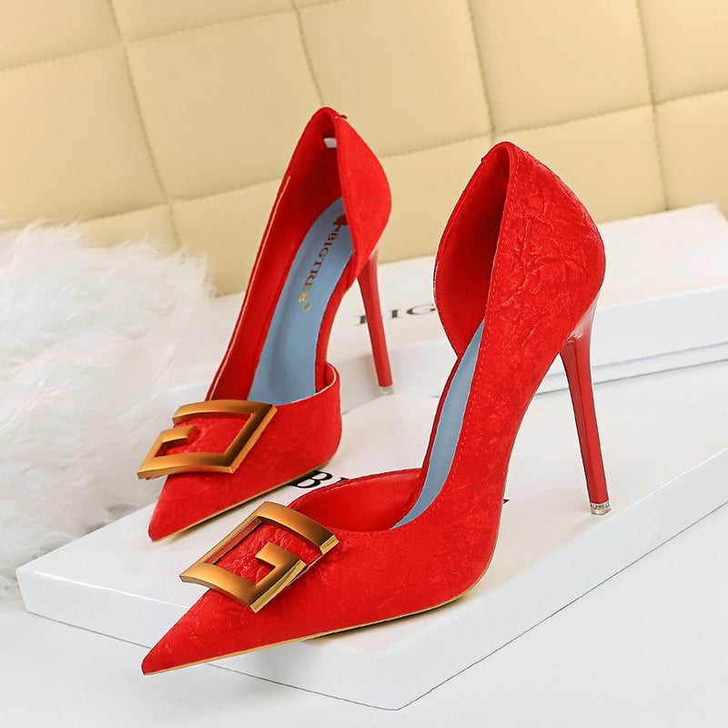6168-2 Nightclubs Skinny Thin Heel High Heel Shallow Mouth Pointed Side Hollow Square Buckle Single Shoes High Heels - Image 2
