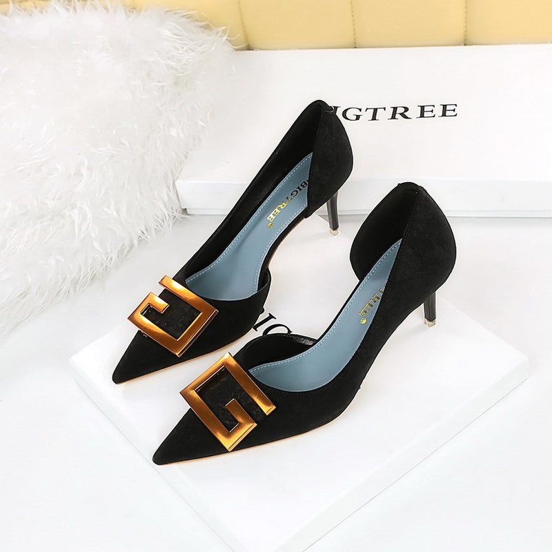 6168-2 Nightclubs Skinny Thin Heel High Heel Shallow Mouth Pointed Side Hollow Square Buckle Single Shoes High Heels - Image 1