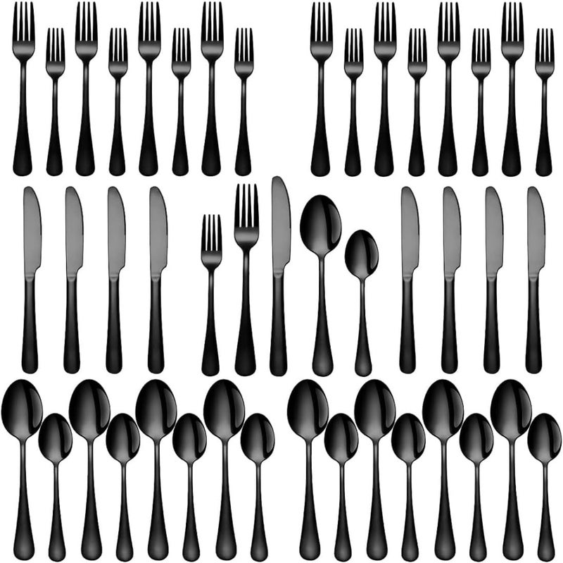 MOBDESK Black Silverware 40 Piece Flatware Set Stainless Steel Cutlery Eating Utensils Mirror Finish Tableware Knife Fork Spoon Daily Used Dessert Dining Table Serving Copper Soup Kitchen Items Home - Image 1