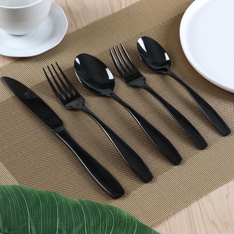 MOBDESK Black Silverware 40 Piece Flatware Set Stainless Steel Cutlery Eating Utensils Mirror Finish Tableware Knife Fork Spoon Daily Used Dessert Dining Table Serving Copper Soup Kitchen Items Home - Image 2