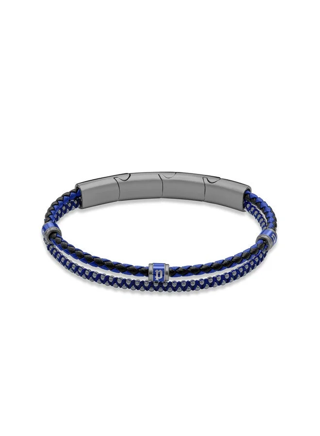 Police Twinrow BraceletDouble Row Ion-Plated Blue Leather and Cord with Grey-Metal P LogoBold and Iconic Men's Style